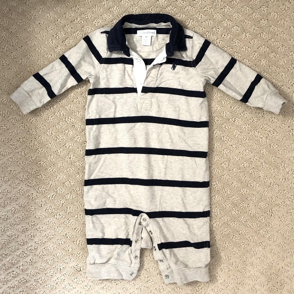Ralph Lauren Kid Boys grey & navy blue Long Sleeve Romper Size 6 Months